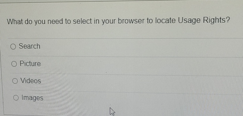 What do you need to select in your browser to locate Usage Rights?
Search
Picture
Videos
Images