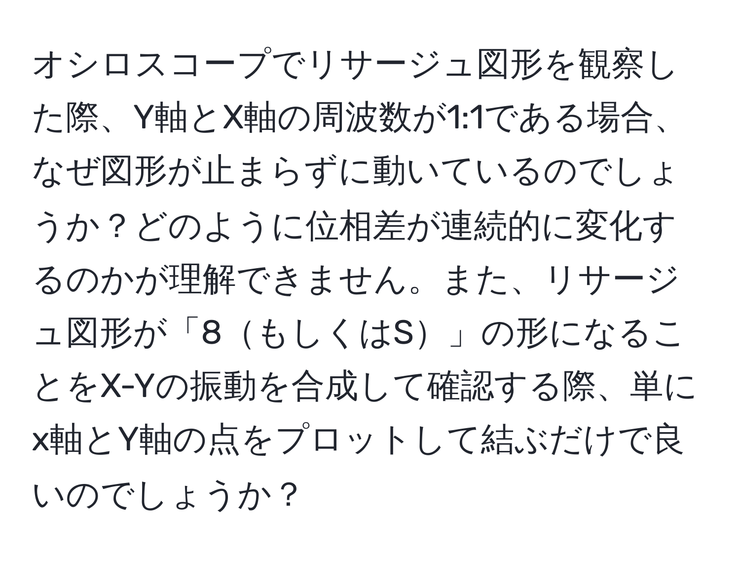 オシロスコープでリサージュ図形を観察した際、Y軸とX軸の周波数が1:1である場合、なぜ図形が止まらずに動いているのでしょうか？どのように位相差が連続的に変化するのかが理解できません。また、リサージュ図形が「8もしくはS」の形になることをX-Yの振動を合成して確認する際、単にx軸とY軸の点をプロットして結ぶだけで良いのでしょうか？
