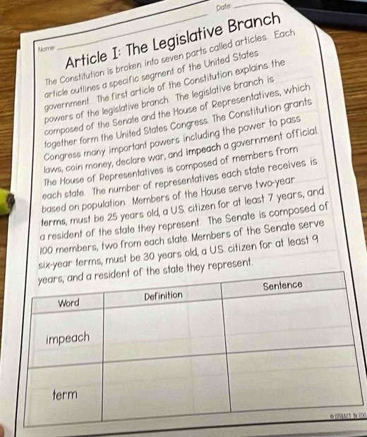 Dafe 
_ 
_ Article I: The Legislative Branch 
Name 
The Constitution is broken into seven parts called articles. Each 
article outlines a specific segment of the United States 
government. The first article of the Constitution explains the 
powers of the legislative branch. The legislative branch is 
composed of the Senate and the House of Representatives, which 
together form the United States Congress. The Constitution grants 
Congress many important powers including the power to pass 
laws, coin money, declare war, and impeach a government official 
The House of Representatives is composed of members from 
each state. The number of representatives each state receives is 
based on population Members of the House serve two-year 
terms, must be 25 years old, a U.S. citizen for at least 7 years, and 
a resident of the state they represent. The Senate is composed of
100 members, two from each state. Members of the Senate serve 
six-year terms, must be 30 years old, a U.S. citizen for at least 9
te they represent.
100