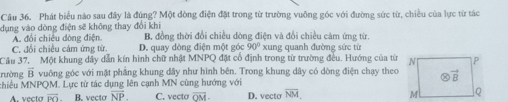 Phát biểu nào sau đây là đúng? Một dòng điện đặt trong từ trường vuông góc với đường sức từ, chiều của lực từ tác
dụng vào dòng điện sẽ không thay đổi khi
A. đổi chiều dòng điện. B. đồng thời đổi chiều dòng điện và đổi chiều cảm ứng từ.
C. đổi chiều cảm ứng từ. D. quay dòng điện một góc 90° xung quanh đường sức từ
Cầu 37. Một khung dây dẫn kín hình chữ nhật MNPQ đặt cố định trong từ trường đều. Hướng của từ
trường vector B vuông góc với mặt phẳng khung dây như hình bên. Trong khung dây có dòng điện chạy theo
chiều MNPQM. Lực từ tác dụng lên cạnh MN cùng hướng với
A. vecto overline PO. B. vecto vector NP. C. vecto overline QM· D. vecto overline NM.