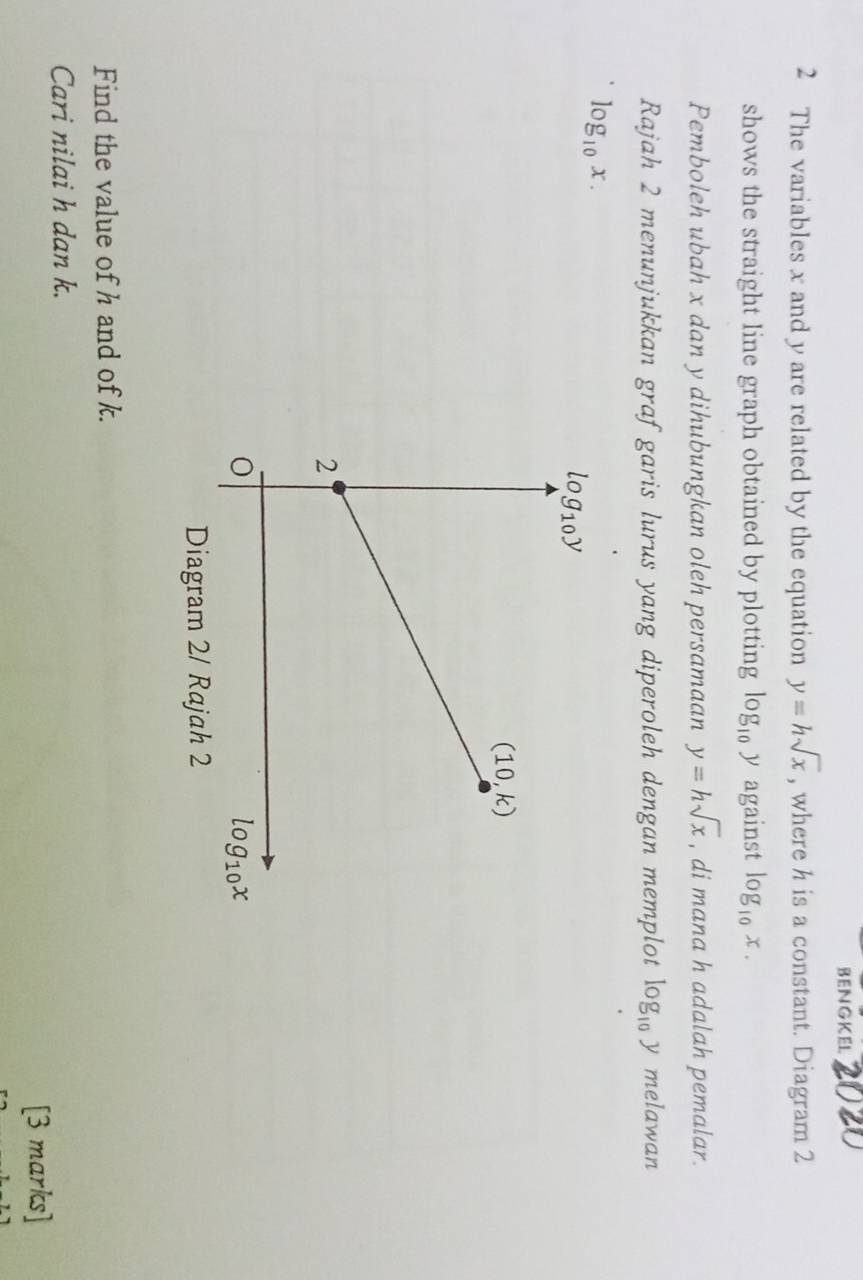 BENG KEL
2 The variables x and y are related by the equation y=hsqrt(x) , where h is a constant. Diagram 2
shows the straight line graph obtained by plotting log _10y against log _10x.
Pemboleh ubah x dan y dihubungkan oleh persamaan y=hsqrt(x) , di mana h adalah pemalar.
Rajah 2 menunjukkan graf garis lurus yang diperoleh dengan memplot log _10y melawan
log _10x.
Diagram 2/ Rajah 2
Find the value of h and of k.
Cari nilai h dan k.
[3 marks]