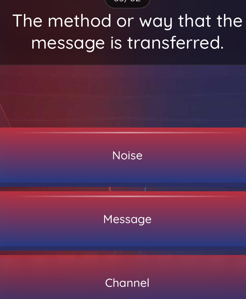 The method or way that the
message is transferred.
Noise
Message
Channel