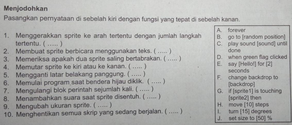 Menjodohkan
Pasangkan pernyataan di sebelah kiri dengan fungsi yang tepat di sebelah kanan.
A. forever
1. Menggerakkan sprite ke arah tertentu dengan jumlah langkah B. go to [random position]
tertentu. ( ..... ) C. play sound [sound] until
2. Membuat sprite berbicara menggunakan teks. ( ..... ) done
3. Memeriksa apakah dua sprite saling bertabrakan. ( ..... ) D. when green flag clicked
4. Memutar sprite ke kiri atau ke kanan. ( ..... )
E. say [Hello!] for [2]
5. Mengganti latar belakang panggung. ( ..... )
seconds
F. change backdrop to
6. Memulai program saat bendera hijau diklik. ( ….. ) [backdrop]
7. Mengulangi blok perintah sejumlah kali. ( ..... ) G. if [sprite1] is touching
8. Menambahkan suara saat sprite disentuh. ( ..... ) [sprite2] then
9. Mengubah ukuran sprite. ( ..... ) H. move [10] steps
10. Menghentikan semua skrip yang sedang berjalan. ( ..... ) I. turn [ 15 ] degrees
J. set size to [50] %