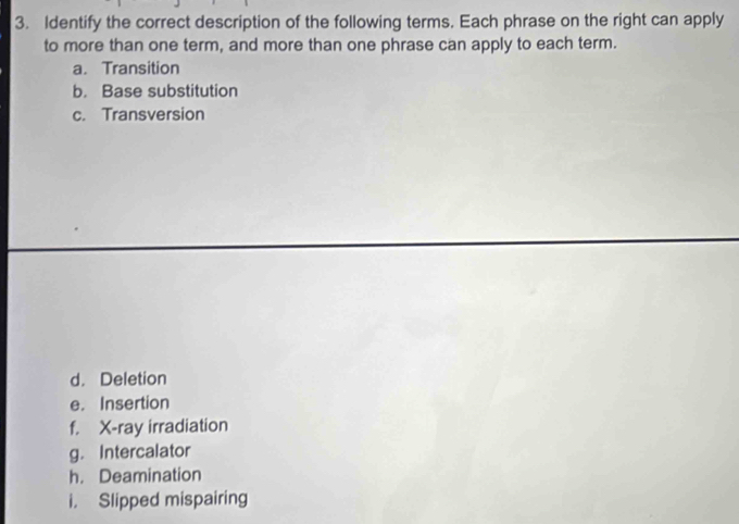 Identify the correct description of the following terms. Each phrase on the right can apply 
to more than one term, and more than one phrase can apply to each term. 
a. Transition 
b. Base substitution 
c. Transversion 
d. Deletion 
e. Insertion 
f. X-ray irradiation 
g. Intercalator 
h. Deamination 
i. Slipped mispairing