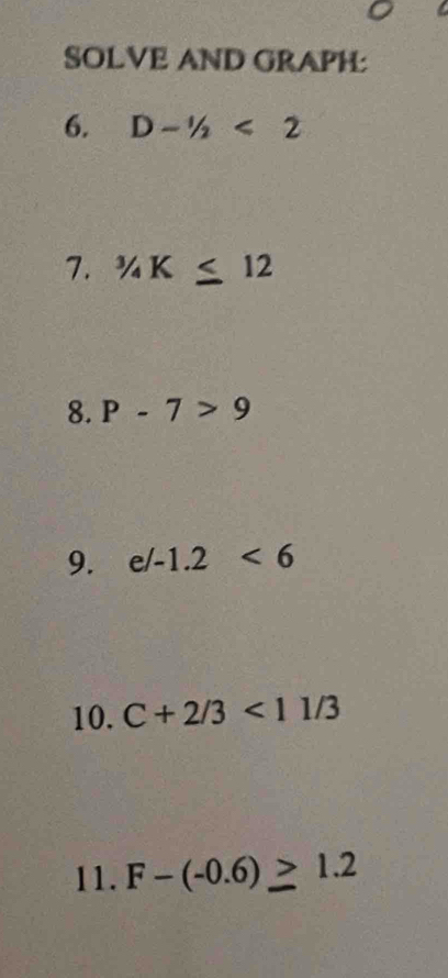 SOLVE AND GRAPH: 
6. D-1/2<2</tex> 
7. ^3/_4K≤ 12
8. P-7>9
9. e/-1.2<6</tex> 
10. C+2/3<11/3
11. F-(-0.6)≥ 1.2