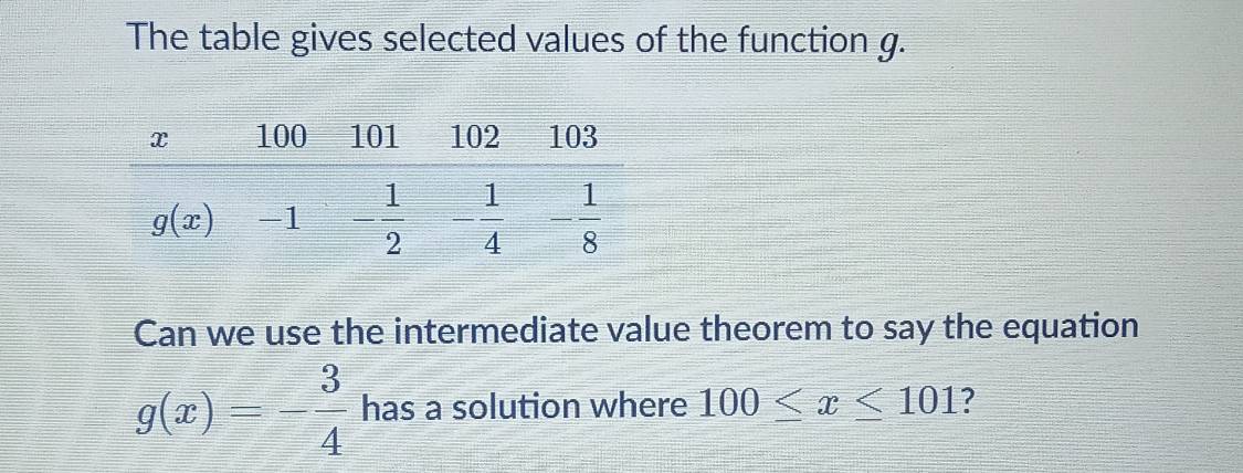 The table gives selected values of the function g.
Can we use the intermediate value theorem to say the equation
g(x)=- 3/4  has a solution where 100≤ x≤ 101 ?