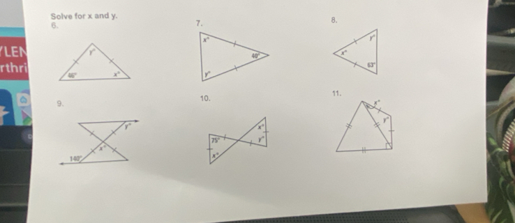 Solve for x and y.
6.
7.
8.
LEN 
rthri
9.
10.
11.