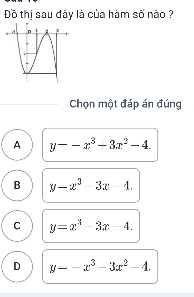 Đồ thị sau đây là của hàm số nào ?
Chọn một đáp án đúng
A
y=-x^3+3x^2-4.
B
y=x^3-3x-4.
C
y=x^3-3x-4.
D
y=-x^3-3x^2-4.