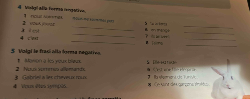 Volgi alla forma negativa. 
nous sommes nous ne sommes pas 5 tu adores 
2 vous jouez _ 6 on mange_ 
3 il est _ 7 ils arrivent_ 
4 c'est _ 8 j'aime__ 
5 Volgi le frasi alla forma negativa. 
Marion a les yeux bleus. 5 Elle est triste. 
2 Nous sommes allemands. 6 C'est une fille élégante. 
3 Gabriel a les cheveux roux. 7 Ils viennent de Tunisie. 
4 Vous êtes sympas. 8 Ce sont des garçons timides.