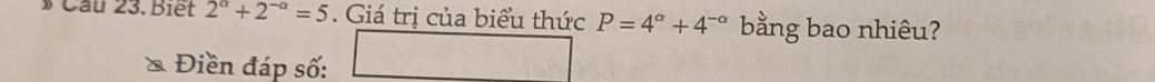 Cầu 23.Biết 2^(alpha)+2^(-alpha)=5. Giá trị của biểu thức P=4^(alpha)+4^(-alpha) bằng bao nhiêu? 
Điền đáp số: □