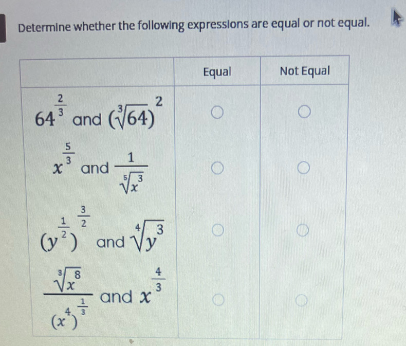 Determine whether the following expressions are equal or not equal.