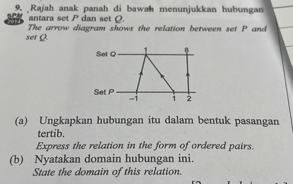 Rajah anak panah di bawah menunjukkan hubungan 
SP antara set P dan set Ω.
2014
The arrow diagram shows the relation between set P and 
set Q.
8
Set Q
Set P
-i 
1 
(a) Ungkapkan hubungan itu dalam bentuk pasangan 
tertib. 
Express the relation in the form of ordered pairs. 
(b) Nyatakan domain hubungan ini. 
State the domain of this relation.