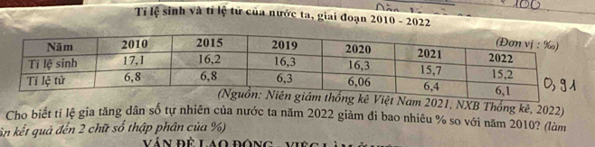 Tí lệ sinh và tí lệ tử của nước ta, giai đoạn 2010-2022
ng kê Việt Nam 2021, NXB Thống kê, 2022) 
Cho biết tỉ lệ gia tăng dân số tự nhiên của nước ta năm 2022 giảm đi bao nhiêu % so với năm 2010? (làm 
kn kết quả đến 2 chữ số thập phân của %) 
Ván Đề LAO ĐộNG - V i n g