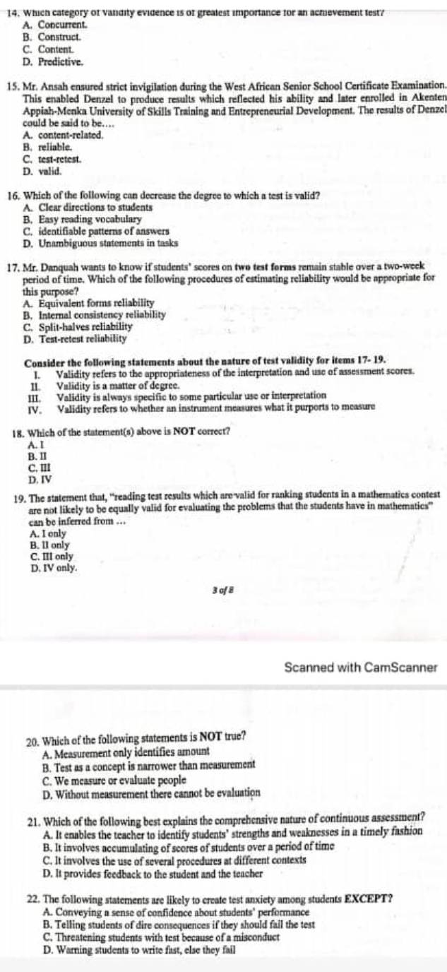 Solved: Which category of varidity evidence is of grealest importance ...