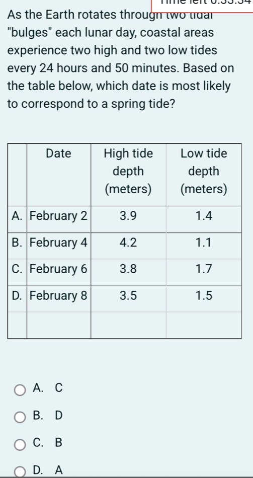 As the Earth rotates througn two lidar
"bulges" each lunar day, coastal areas
experience two high and two low tides
every 24 hours and 50 minutes. Based on
the table below, which date is most likely
to correspond to a spring tide?
A. C
B.D
C. B
D. A