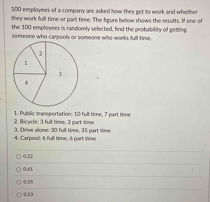 100 employees of a company are asked how they get to work and whether ...
