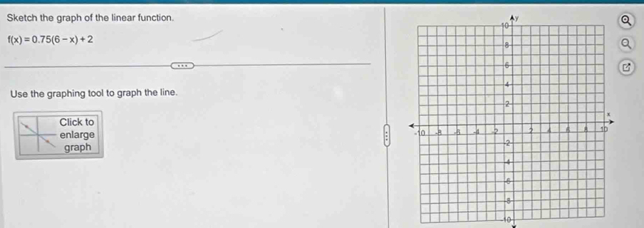 Sketch the graph of the linear function.
f(x)=0.75(6-x)+2
a 
Use the graphing tool to graph the line. 
Click to 
enlarge : 
graph 
to