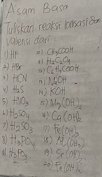 Asam Basa 
Tuliskan reaksi lonisasison 
valensi dari: 
(HF (0) CH_3COOH
() H_2C_2O_4
a)t -Br C_6H_5COOH
(2) 
3) HCN B) NaOH
4) H_2S 14 ) KOH
HNO_3 (5) Mg(OH)_2
6) H_2SO_4 16) Ca(OH)_2
7 H_2SO_3 17) Fe(OH)_3
81 H_3PO_4 18) Ae(OH_3)
al H_3PO_3 19). S_r(OH)_2
20 Fe(OH)_2^2