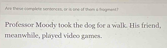 Are these complete sentences, or is one of them a fragment? 
Professor Moody took the dog for a walk. His friend, 
meanwhile, played video games.