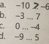 a. -10 .2 -6
b. -3... 7
c. 0 ... -4
d. -9 ... 5