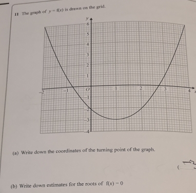 The ph of y=f(x) is drawn on the grid. 
4 
(a) Write down the coordinates of the turning point of the graph. 
( 
(b) Write down estimates for the roots of f(x)=0