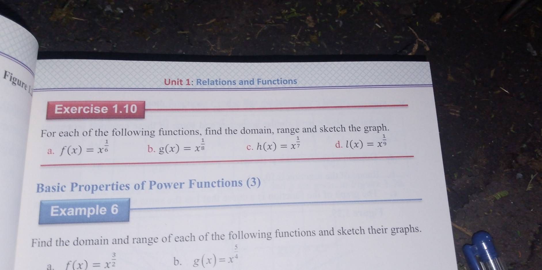 Figure 
Unit 1: Relations and Functions 
Exercise 1.10 
For each of the following functions, find the domain, range and sketch the graph. 
a. f(x)=x^(frac 1)6
b. g(x)=x^(frac 1)8
c. h(x)=x^(frac 1)7
d. l(x)=x^(frac 1)9
Basic Properties of Power Functions (3) 
Example 6 
Find the domain and range of each of the following functions and sketch their graphs. 
a. f(x)=x^(frac 3)2
b. g(x)=x^(frac 5)4