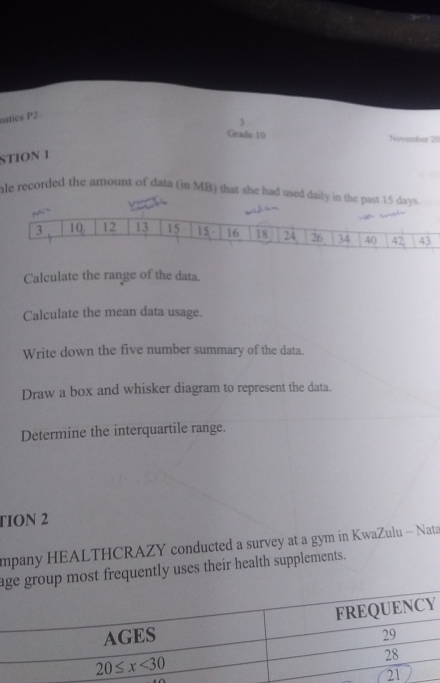 natics P2
3
Grade 10 November 21
STION 1
nle recorded the amount of data (in MB) that she had used daily in the past 15 days.
Calculate the range of the data.
Calculate the mean data usage.
Write down the five number summary of the data.
Draw a box and whisker diagram to represent the data.
Determine the interquartile range.
TION 2
mpany HEALTHCRAZY conducted a survey at a gym in KwaZulu - Nata
age group most frequently uses their health supplements.