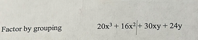 Factor by grouping 20x^3+16x^2+30xy+24y