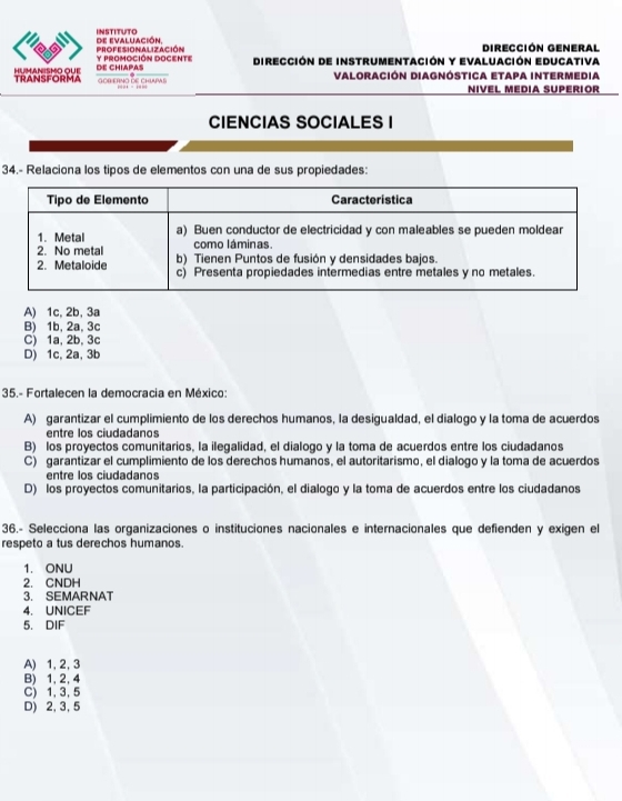 de evaluación. INSTITUTO
Dirección General
y PROmoCIóN DOCEnte ProfesionAlización Dirección de instrumentación y Evaluación Educativa
HUMANISMO QUE TRANSFORMA DE CHIAPAS
GOrERno de ChUms Valoración diagnóstica etapa intermedia
NIVEL MEDIA SUPERIOR
CIENCIAS SOCIALES I
34.- Relaciona los tipos de elementos con una de sus propiedades:
A) 1c, 2b, 3a
B) 1b, 2a, 3c
C) 1a, 2b, 3c
D) 1c, 2a, 3b
35.- Fortalecen la democracia en México:
A) garantizar el cumplimiento de los derechos humanos, la desigualdad, el dialogo y la toma de acuerdos
entre los ciudadanos
B) los proyectos comunitarios, la ilegalidad, el dialogo y la toma de acuerdos entre los ciudadanos
C) garantizar el cumplimiento de los derechos humanos, el autoritarismo, el dialogo y la toma de acuerdos
entre los ciudadanos
D) los proyectos comunitarios, la participación, el dialogo y la toma de acuerdos entre los ciudadanos
36.- Selecciona las organizaciones o instituciones nacionales e internacionales que defienden y exigen el
respeto a tus derechos humanos.
1. ONU
2. CNDH
3. SEMARNAT
4. UNICEF
5. DIF
A) 1, 2, 3
B) 1, 2, 4
C) 1, 3, 5
D) 2, 3, 5