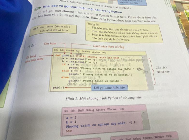 nơi cần thực hiện Th hm ở nhín 
Hình 1. Một chương trình Python có chương trình con H#110 
③ Khai báo và gọi thực hiện một hàm trong Python 
Có thể gọi một chương trình con trong Python là một hàm. Để sứ dụng hàm cần 
khải báo hàm và viết lời gọi thực hiện. Hàm trong Python được khai báo theo mẫu sau: 
Trong đó: 
s£ tên _ hàm (tham só): Tên hàm phái theo quy tắc đặt tên trong Python. 
Các lệnh mô tả hàm Theo sau tên hàm có thể có hoặc không có các tham số. 
Phần thân hàm (gồm các lệnh mô tá hàm) phái việt lùi 
vào theo quy định của Python. 
Ví dụ. 
Tên hàm 
Danh sách tham số rỗng 
File Edit Format Run Options Window Help 
khai bảo hàm Từ khoả def ptbl(): # Giải phương trình bậc nhật
a = int(input("a= "))
b = int(input("b= "))
± £ a != 0 : 
print("Phương trình có nghiệm duy nhất: ", -b/a" Các lệnh 
elif b == 0 : 
print(' Phương trinh có vô số nghiệm.') mô tǎ hàm 
else: 
print(' Phương trình vô nghiệm.') 
ptb1 ( ) Lời gọi thực hiện hàm 
Hình 2. Một chương trình Python có sử dụng hàm 
File Edit Shell Debug Options Window Help
a=5
b=4
Phương trình có nghiệm duy nhật: -0.8 
Shell Debug Options Window Help