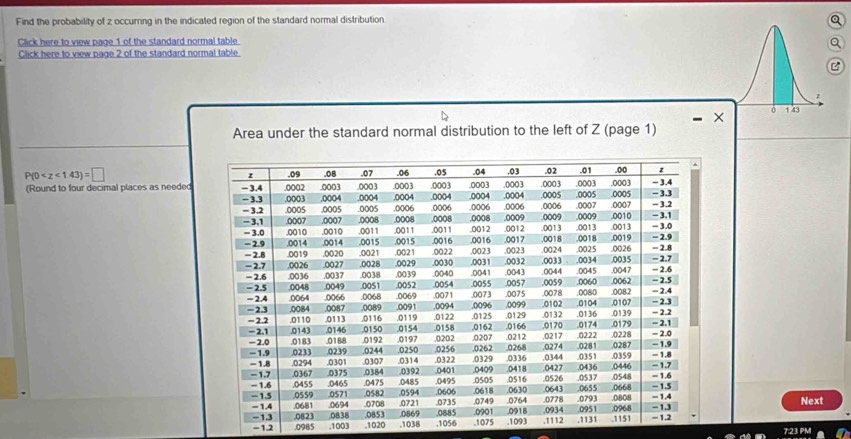 Find the probability of z occurring in the indicated region of the standard normal distribution 
Q 
Click here to view page 1 of the standard normal table. 
Q 
Click here to view page 2 of the standard normal table. 
B 
× 1.43
Area under the standard normal distribution to the left of Z (page 1)
P(0
(Round to four decimal places as needed 
Next 
. 0985 .1003 .1020 ,1038
= 1.2