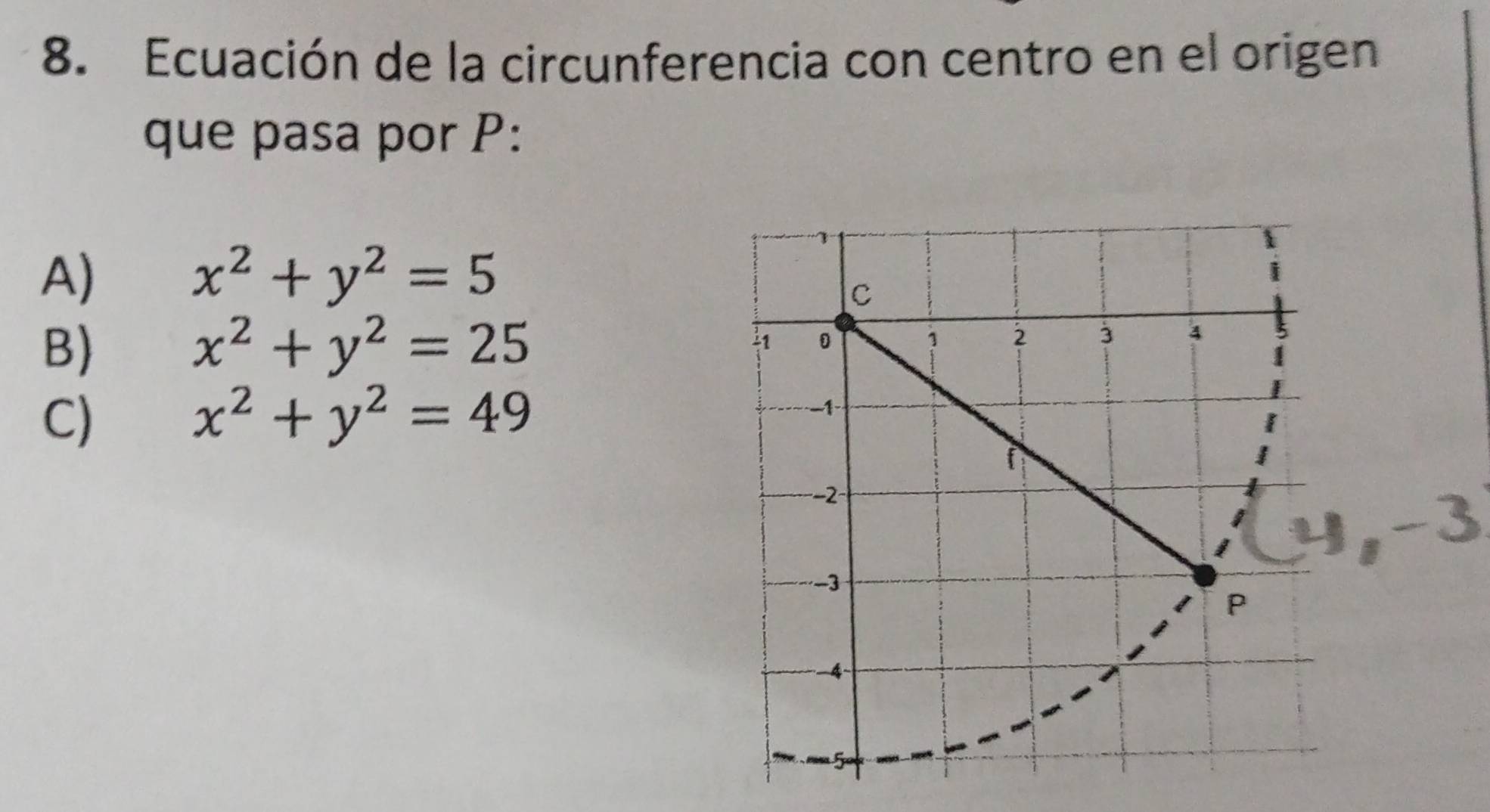 Ecuación de la circunferencia con centro en el origen
que pasa por P :
A)
x^2+y^2=5
B)
x^2+y^2=25
C)
x^2+y^2=49