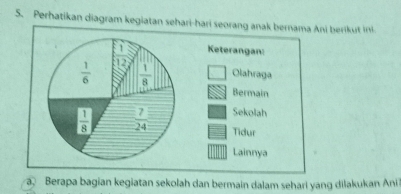 Perhatikan diagram kegiatan sehari-hari seorang anak bernama Ani berikut ini
Keterangan:
Olahraga
Bermain
Sekolah
Tidur
Lainnya
a Berapa bagian kegiatan sekolah dan bermain dalam sehari yang dilakukan Ani