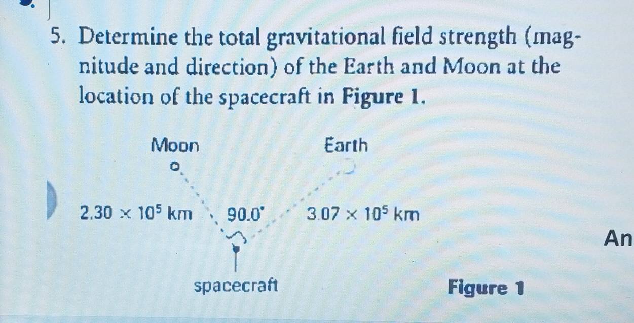 Determine the total gravitational field strength (mag- 
nitude and direction) of the Earth and Moon at the 
location of the spacecraft in Figure 1. 
Moon Earth 
。
2,30* 10^5km 90.0° 3.07* 10^5km
An 
spacecraft Figure 1