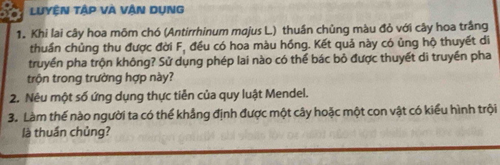 LUyệN Tập và VậN DụNG 
1. Khi lai cây hoa mõm chó (Antirrhinum majus L.) thuần chủng màu đỏ với cây hoa trắng 
thuần chủng thu được đời F, đều có hoa màu hồng. Kết quả này có ủng hộ thuyết di 
truyền pha trộn không? Sử dụng phép lai nào có thể bác bỏ được thuyết di truyền pha 
trộn trong trường hợp này? 
2. Nêu một số ứng dụng thực tiễn của quy luật Mendel. 
3. Làm thế nào người ta có thể khẳng định được một cây hoặc một con vật có kiểu hình trội 
là thuần chủng?