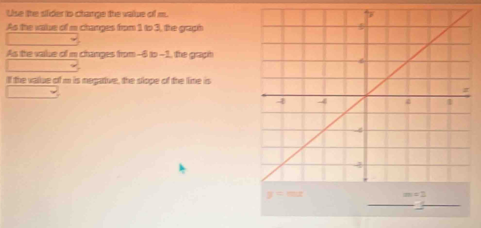 Use the sider to change the value of m.
As the vaiue of m changes from 1 to 3, the graph
As the vale of m changes from--6 to -1, the graph
If the value of m is negature, the slope of the line is
_
_
_