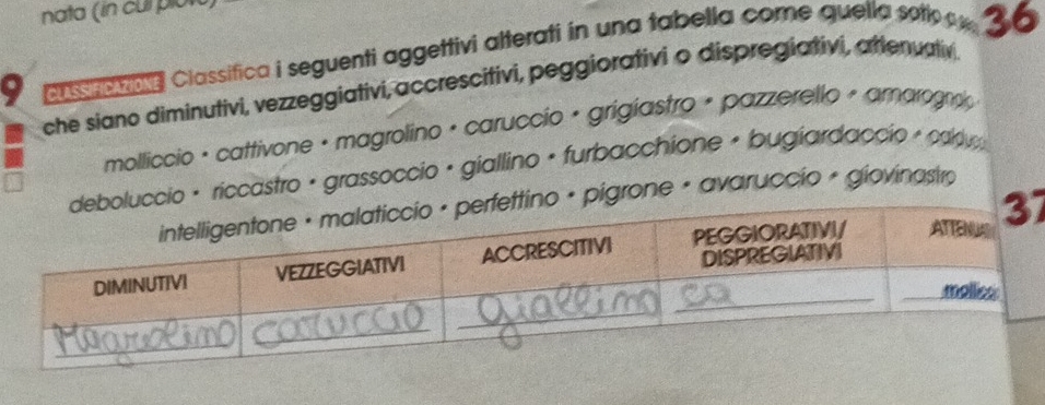 nata (in cui plow 
9 Cassua wata Classifica i seguenti aggettivi alterati in una tabella come quella sotio 30
che siano diminutivi, vezzeggiativi, accrescitivi, peggiorativi o dispregiativi, attenuativ. 
molliccio · cattivone · magrolino · caruccio · grigiastro é pazzerello + amarogn 
io · riccastro · grassoccio · giallino · furbacchione / bugiardaccio /cad 
pigrone / avaruccio + giovinastro 
7