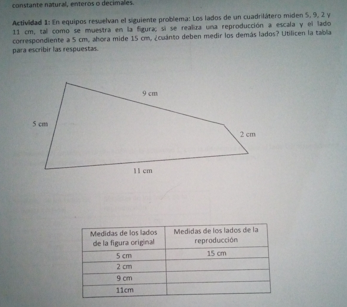 constante natural, enteros o decimales. 
Actividad 1: En equipos resuelvan el siguiente problema: Los lados de un cuadrilátero miden 5, 9, 2 y
11 cm, tal como se muestra en la figura; si se realiza una reproducción a escala y el lado 
correspondiente a 5 cm, ahora mide 15 cm, &cuánto deben medir los demás lados? Utilicen la tabla 
para escribir las respuestas.