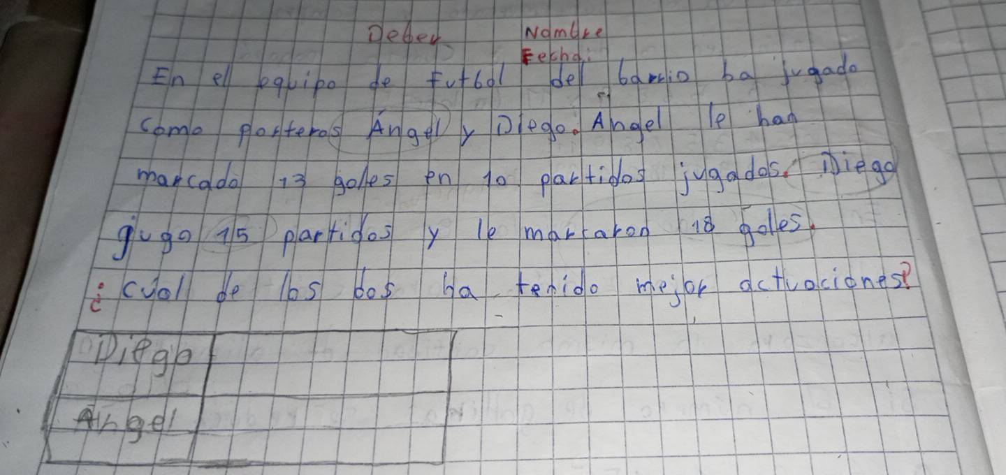 debed Nomure 
Fetnd: 
En ell equipo do futboldel bamio ba jugade 
come posterns Angely Dlego. Angel le han 
mancado 13 goles pn 10 partidag jugados. Niego 
gugo is partidos y le mararon 18 goles 
icyol de lbs bos ha teido mejor actuociones? 
piege 
Angel