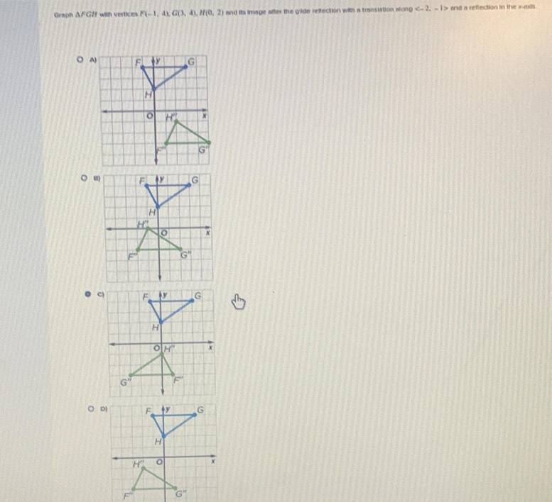 Graph △ FGH with vertices F(-1,4),G(3,4),H(0,2) and its image after the glidle reffection with a transiation along and a reffection in the x-exis
o