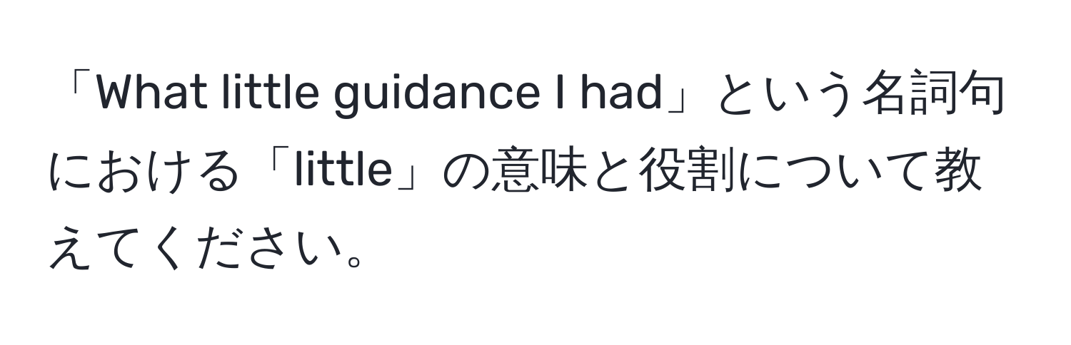 「What little guidance I had」という名詞句における「little」の意味と役割について教えてください。