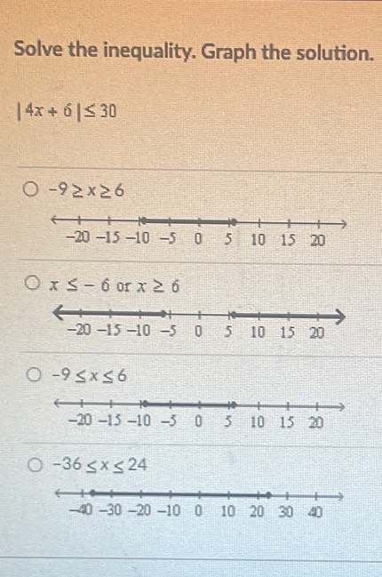 Solve the inequality. Graph the solution.
|4x+6|≤ 30
-9≥ x≥ 6
x≤ -6 or x≥ 6
-9≤ x≤ 6
-36≤ x≤ 24