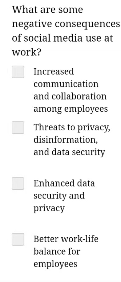 What are some
negative consequences
of social media use at
work?
Increased
communication
and collaboration
among employees
Threats to privacy,
disinformation,
and data security
Enhanced data
security and
privacy
Better work-life
balance for
employees