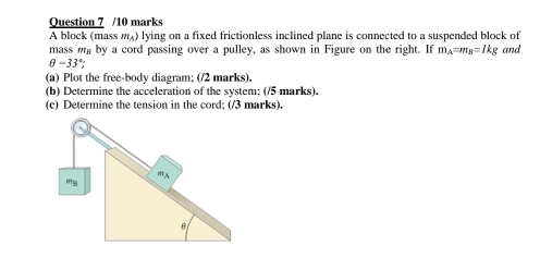 A block (mass m_A) lying on a fixed frictionless inclined plane is connected to a suspended block of 
mass m by a cord passing over a pulley, as shown in Figure on the right. If m_A=m_B=1kg and
θ -33°
(a) Plot the free-body diagram; (/2 marks). 
(b) Determine the acceleration of the system; (/5 marks). 
(c) Determine the tension in the cord; (/3 marks).