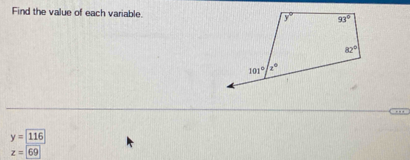 Find the value of each variable.
y=116
z=69