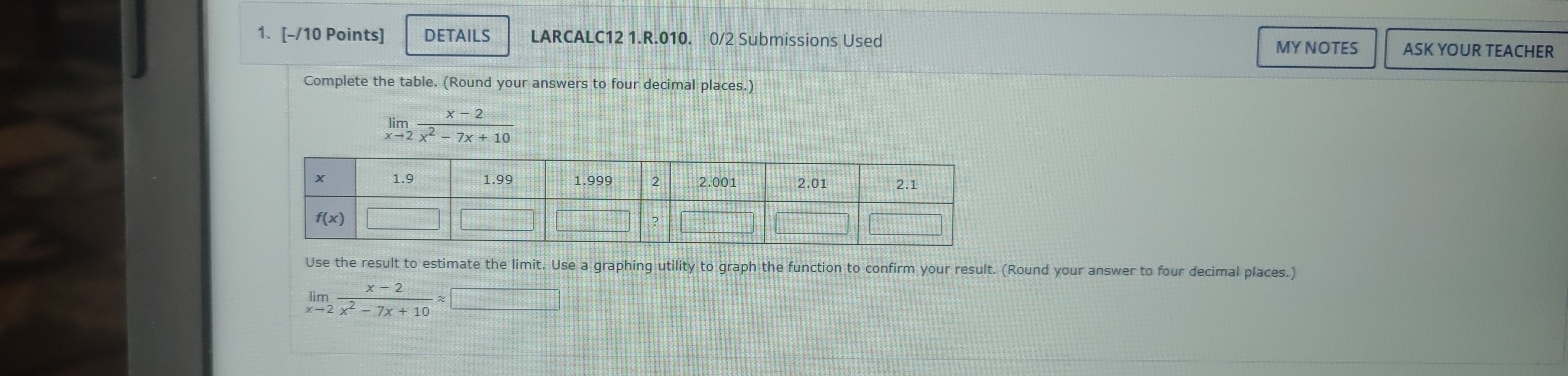 DETAILS LARCALC12 1.R.010. 0/2 Submissions Used MY NOTES ASK YOUR TEACHER
Complete the table. (Round your answers to four decimal places.)
limlimits _xto 2 (x-2)/x^2-7x+10 
Use the result to estimate the limit. Use a graphing utility to graph the function to confirm your result. (Round your answer to four decimal places.)
limlimits _xto 2 (x-2)/x^2-7x+10 approx □