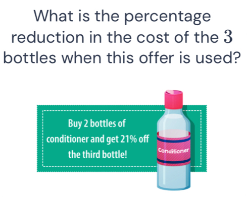 What is the percentage 
reduction in the cost of the 3
bottles when this offer is used? 
Buy 2 bottles of 
conditioner and get 21% off 
the third bottle! Conditioner