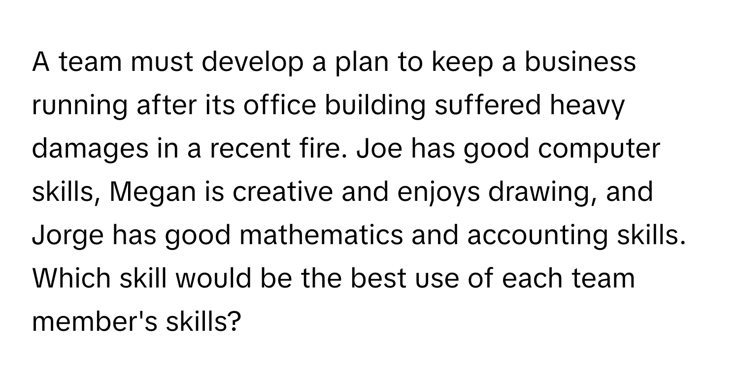 A team must develop a plan to keep a business running after its office building suffered heavy damages in a recent fire. Joe has good computer skills, Megan is creative and enjoys drawing, and Jorge has good mathematics and accounting skills. Which skill would be the best use of each team member's skills?