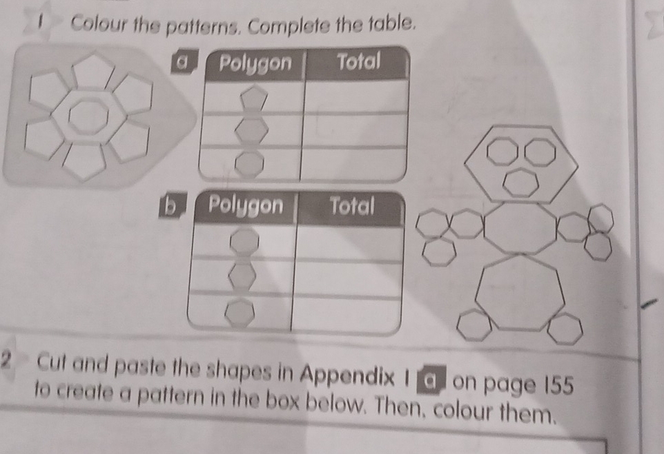 Colour the patterns. Complete the table. 
2 Cut and paste the shapes in Appendix 1 a on page 155
to create a pattern in the box below. Then, colour them.