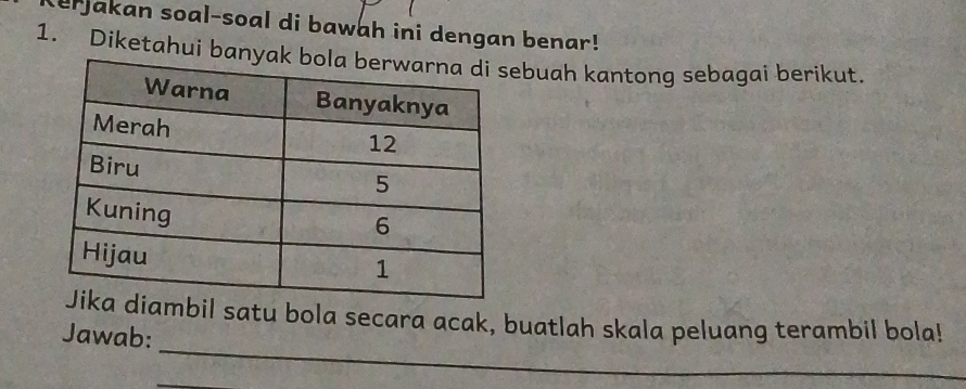 erjakan soal-soal di bawah ini dengan benar! 
1. Diketahui banyak ebuah kantong sebagai berikut. 
_ 
mbil satu bola secara acak, buatlah skala peluang terambil bola! 
Jawab: